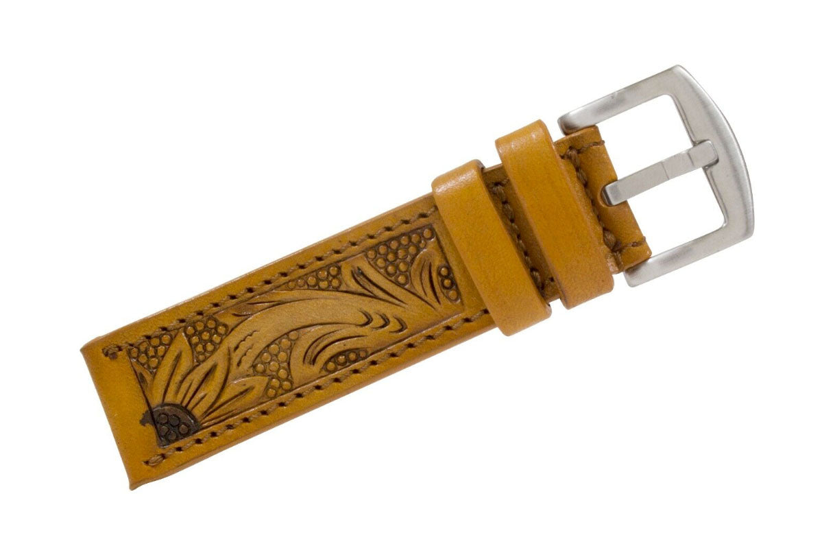 Tan Sun Flower Hand Tooled Leather Watch Strap