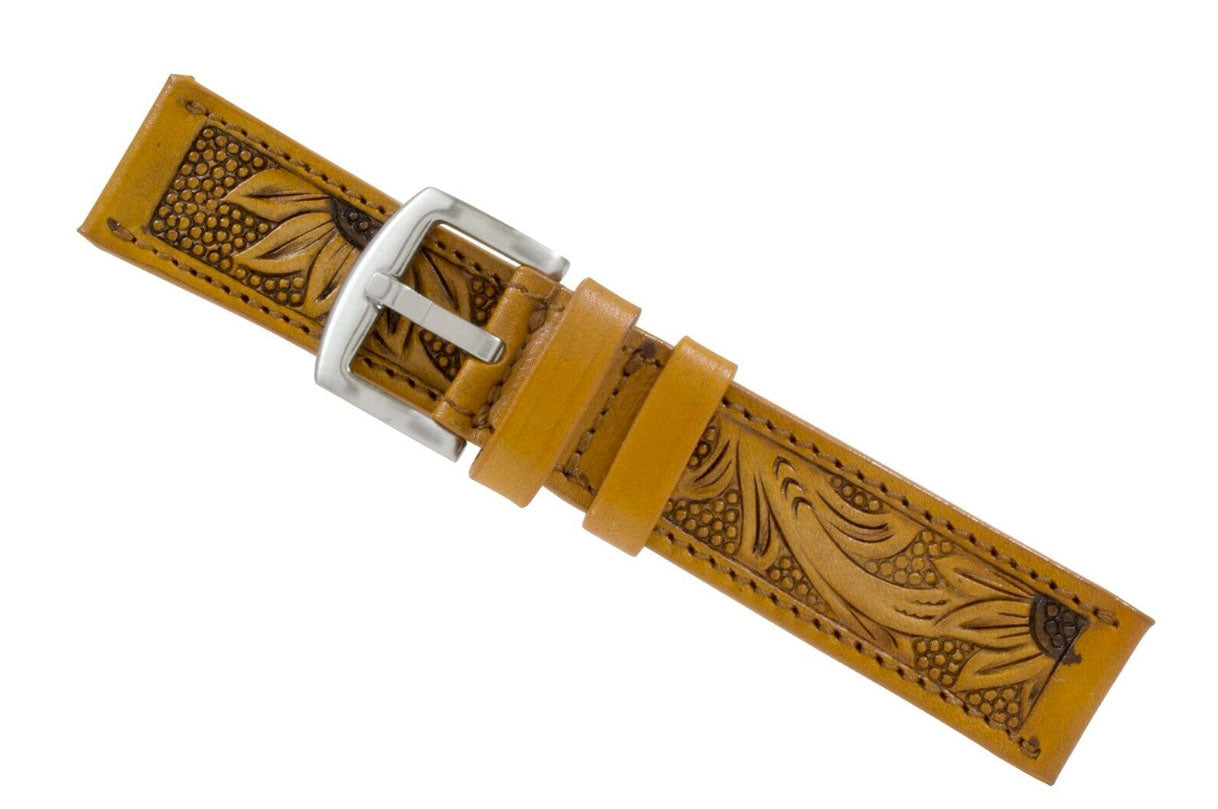 Tan Sun Flower Hand Tooled Leather Watch Strap