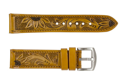 Tan Sun Flower Hand Tooled Leather Watch Strap