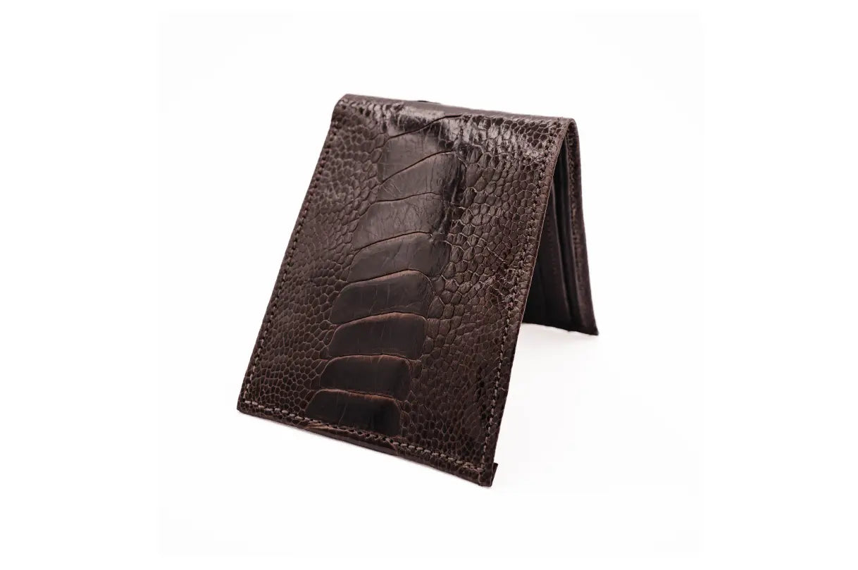 Brown Ostrich Leg Bifold Leather Wallet