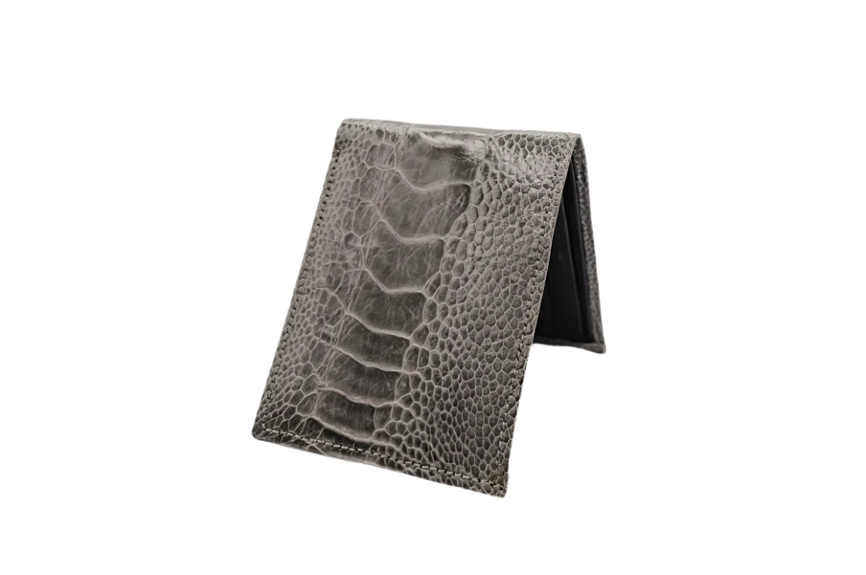 Gray Ostrich Leg Bifold Leather Wallet