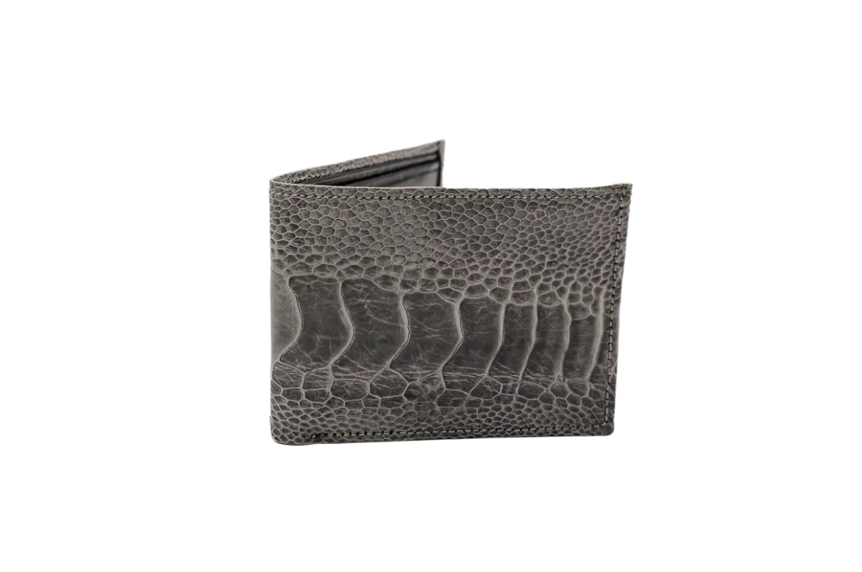 Gray Ostrich Leg Bifold Leather Wallet