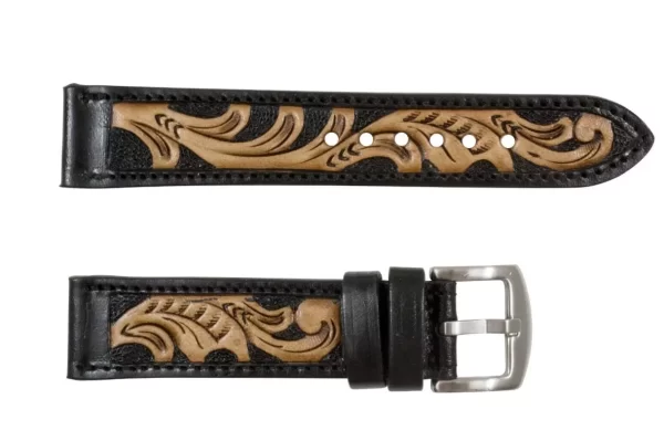 Black Hand Tooled Leather Watch Strap