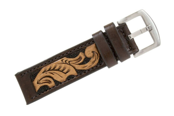 Genuine Handmade Brown Hand Tooled Leather Watch Strap (Handmade in Texas USA)