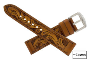 Genuine Handmade Cognac Hand Tooled Leather Watch Strap (Handmade in Texas USA)