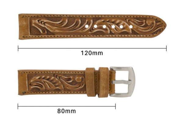Genuine Handmade Rustic Cognac Hand Tooled Leather Watch Strap (Handmade in Texas USA)