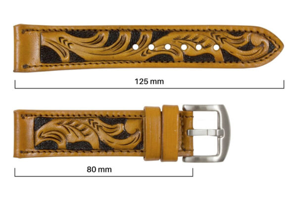 Genuine Handmade Tan Hand Tooled Leather Watch Strap (Handmade in Texas USA)