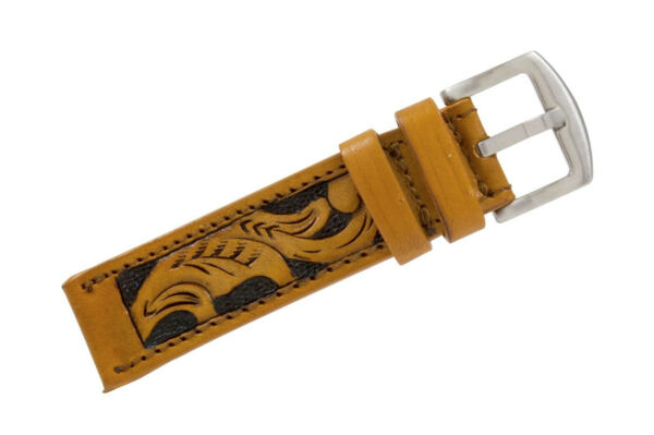 Genuine Handmade Tan Hand Tooled Leather Watch Strap (Handmade in Texas USA)