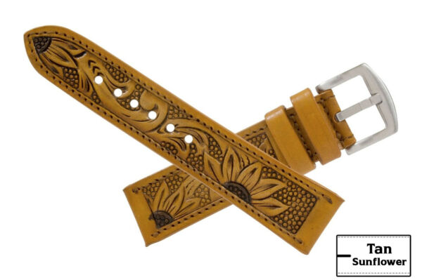 Genuine Handmade Tan Sun Flower Hand Tooled Leather Watch Strap (Handmade in Texas USA)
