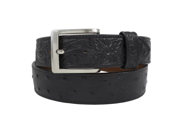 Hand Tooled Black Full Quill Ostrich Leather Belt