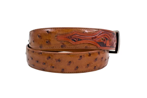 Hand Tooled Cognac Full Quill Ostrich Leather Belt