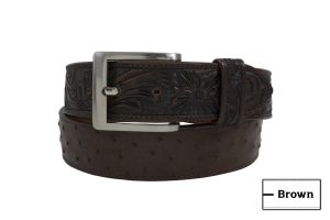Hand Tooled Brown Full Quill Ostrich Leather Belt (Made in U.S.A)
