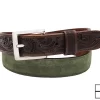 Hand Tooled Olive Green Italian Suede Leather Belt